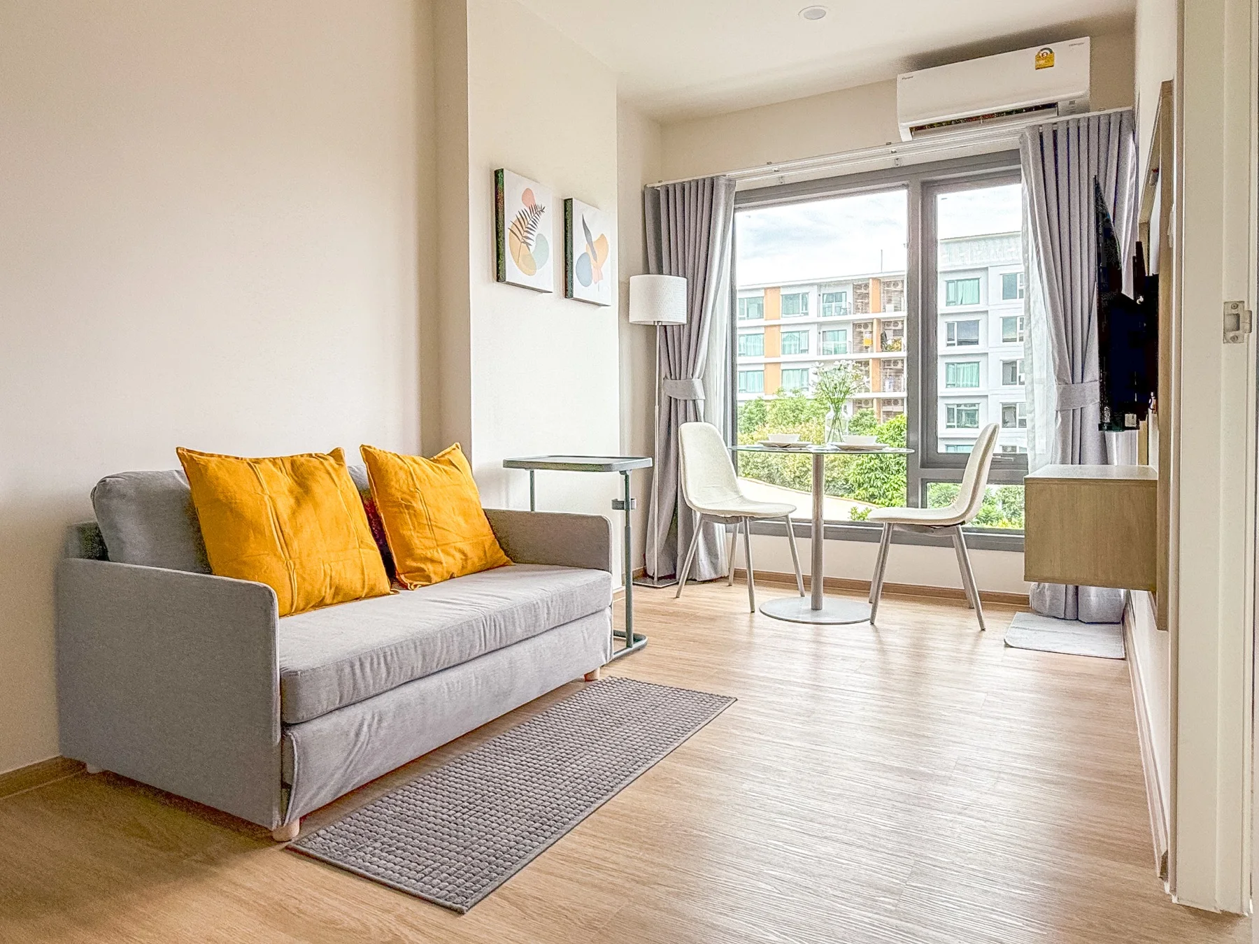 Wide view of the apartment living room